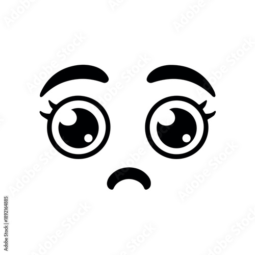 A simple and adorable cartoon-style sad face emoji with large, expressive eyes and a downturned mouth, rendered in black and white.