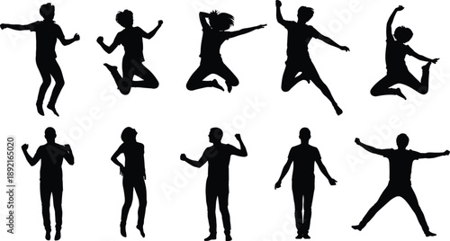 Black jumping people silhouettes vector set showing happy energetic poses isolated on white background celebration lifestyle illustration collection