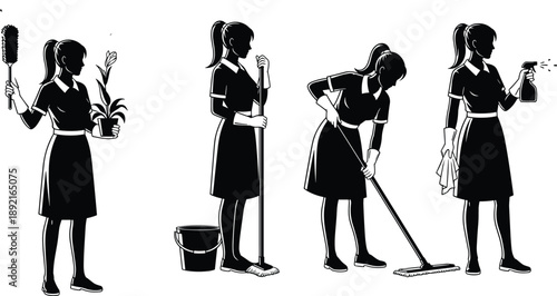 Black cleaning woman silhouettes vector set showing housemaid working poses isolated on white background cleaning service illustration collection