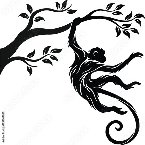 Photography Playful monkey silhouette hanging from tree branch, black and white wildlife ill