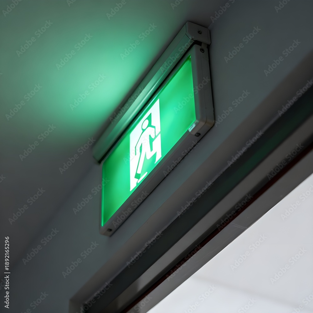 Obraz premium 건물 위쪽에 걸려잇는 초록색 비상구표시a green emergency exit sign hanging above the building