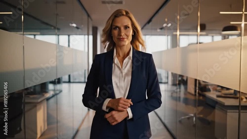 Confident businesswoman standing in a modern office corridor with glass walls and natural light
