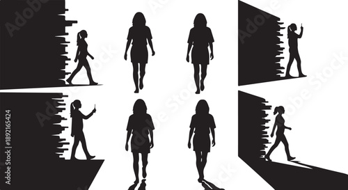 Silhouettes of women walking in different poses and directions
