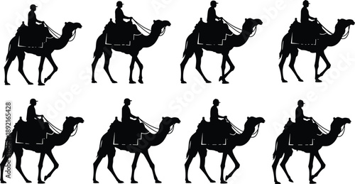 Collection of Camel Rider Silhouette Vector Illustration Set, People Riding Dromedary in Desert for Middle East Travel Tourism and Exotic Adventure Design