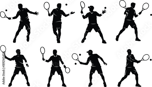 Collection of Tennis Player Silhouette Vector Illustration Set, Athletes Hitting Ball with Racket for Sports Competition Fitness Training and Active Lifestyle Graphic Design