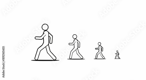 Four stick figures walking in decreasing size order illustration.