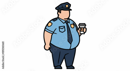 Fat Police Officer Holding Coffee Cup Cartoon Illustration.