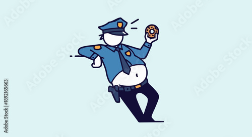 Fat Police Officer Holding Donut Cartoon Style.