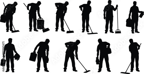 Collection of Janitor and Cleaning Service Silhouette Vector Illustration Set, Professional Workers Using Brooms and Mops for Sanitation Hygiene and Commercial Maintenance Design,
