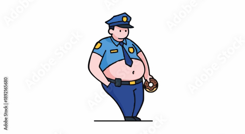 Fat Police Officer Holding Donut Cartoon.