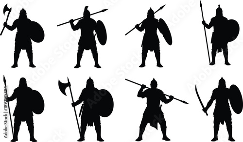 Collection of Ancient Warrior Silhouette Vector Illustration Set, Medieval Soldiers with Spears Shields and Axes for Historical Battle Epic Fantasy and Combat Design,