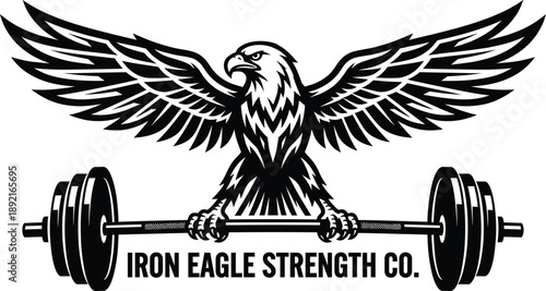Powerful eagle gym logo illustration, barbell fitness emblem, black and white strength training mascot design, bodybuilding branding vector artwork