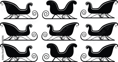 Collection of Santa Claus Sleigh Silhouette Vector Illustration Set, Different Christmas Sled Shapes for Winter Holiday Celebration New Year and Seasonal Graphic Design