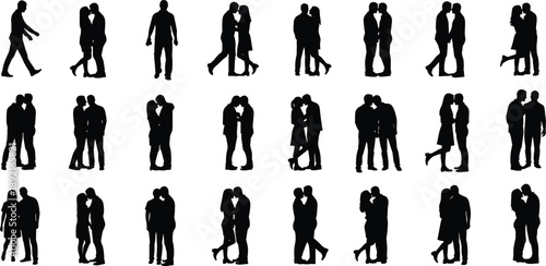 Collection of Romantic Couple Silhouette Vector Illustration Set, Lovers Hugging and Kissing for Wedding Anniversary Valentines Day and Relationship Themed Graphic Design,