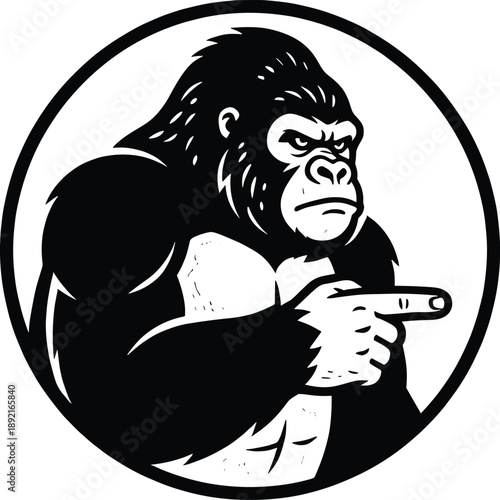 Powerful gorilla mascot pointing gesture illustration, bold black and white vector logo design for branding, sports teams, apparel, and creative marketing projects