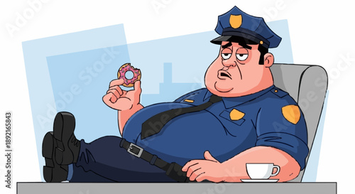 Fat Police Officer Sitting Chair Eating Donut Drinking Coffee.