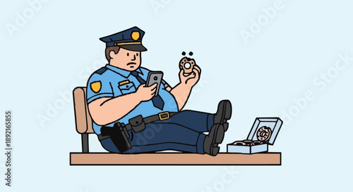 Fat Police Officer Sitting Relaxing Eating Donut Using Smartphone.