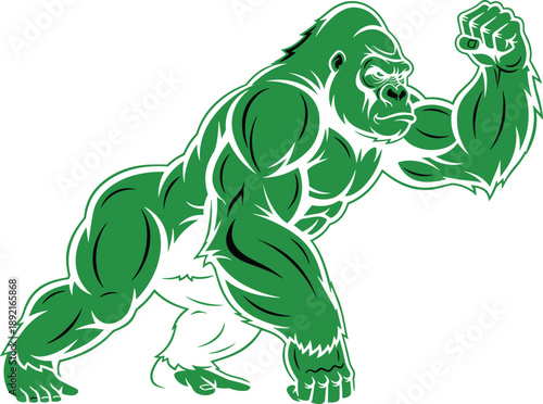 Powerful green gorilla mascot illustration, muscular aggressive ape character, dynamic pose vector logo design for fitness, sports branding, isolated on white