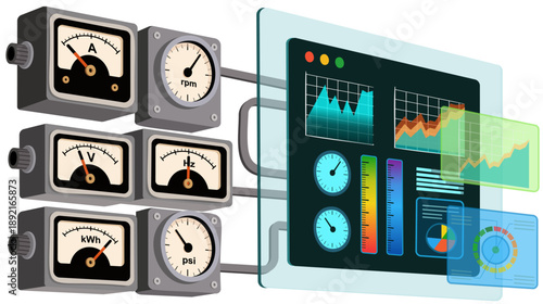 Concept illustration showing analog gauges connected to a digital dashboard, representing industrial digital transformation, smart monitoring, and data-driven operations.