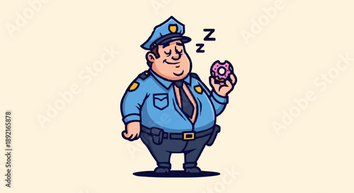 Fat police officer sleeping holding a donut cartoon illustration.