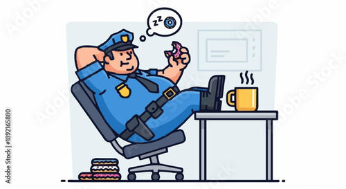Fat Police Officer Sleeping at Desk with Coffee.