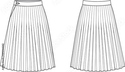 Women Plated Skirt Fashion Flat Sketch Vector Illustration, High Waist Midi Length Garment Technical Drawing for Apparel Design and Manufacturing