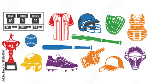 A colorful collection of baseball equipment and accessories on a white background