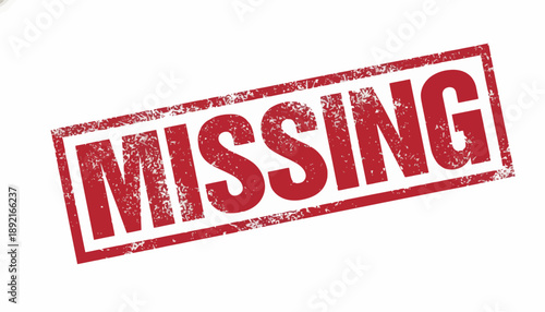 A red stamp with the word MISSING appears on a white surface