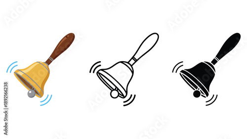 Three different colored bells with handles ringing loudly in unison