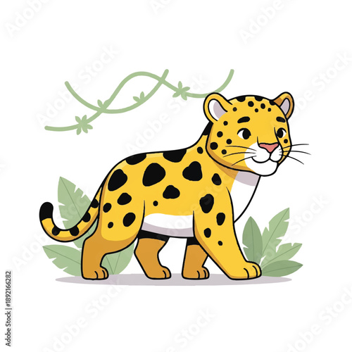 Cartoon Leopard Standing on Green Leaves.