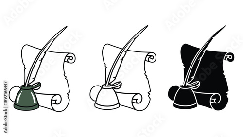 A set of colorful quill pens and inkwells with scrolls on a white background