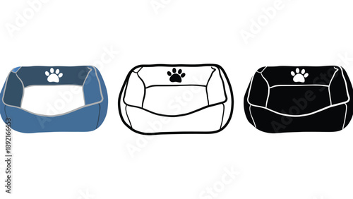 Three dog beds in different colors on a white background