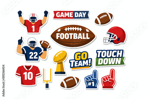 Collection of American football themed stickers and icons featuring players, balls, trophy, goalpost, and fan gear for game day celebrations.
