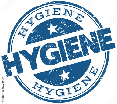 A blue stamp with the word Hygiene and stars on a circular background reads cleanliness.