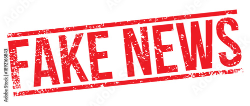 Red FAKE NEWS stamp on a white background, indicating misinformation or false news reports, graphic illustration, close-up view