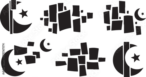 Geometric shapes and moon star symbols in black and white