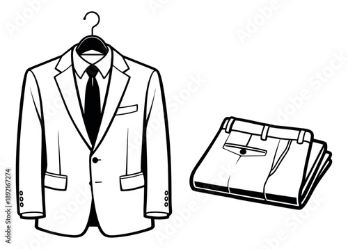 Line art business attire set featuring a suit jacket on a hanger and folded trousers for professional fashion