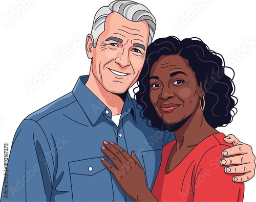 Mature interracial couple smiling and embracing