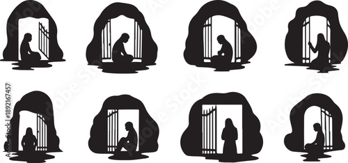 Silhouette of a person in various poses in a cave