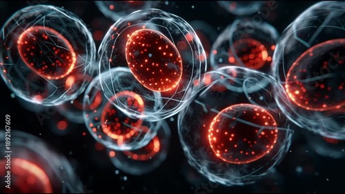 Regeneration process.Tissue repair. Growth mechanisms. Natural regeneration. Biological adaptation. Cellular growth. Abstract representation of cells with glowing red and blue elements.