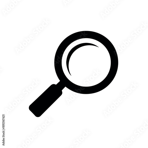Vector A modern black outlined magnifying glass icon, angled for dynamism, symbolizing search, exploration, and detailed inspection across digital platforms.