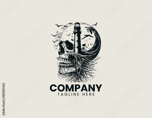 Surreal human skull fused with lighthouse tower is isolated on plain background artistic. Gothic branding concept