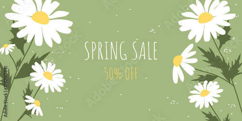 Spring sale banner with flowers and texture. Daisy template. Hand-drawn vector illustration.