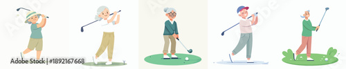grandma is playing golf in a simple and minimalist flat design vector style