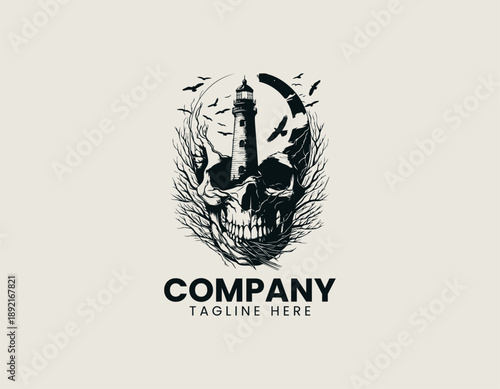 Surreal human skull fused with lighthouse tower is isolated on plain background artistic. Gothic branding concept