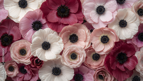 アネモネの黒い瞳とラナンキュラスの渦を交互に敷き詰める