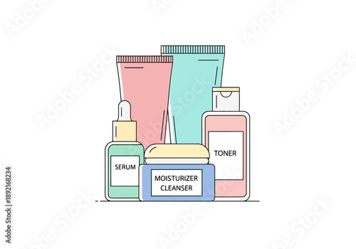 Collection Of Skincare Products For Daily Routine Including Serum Moisturizer Cleanser And Toner In Flat Design Style