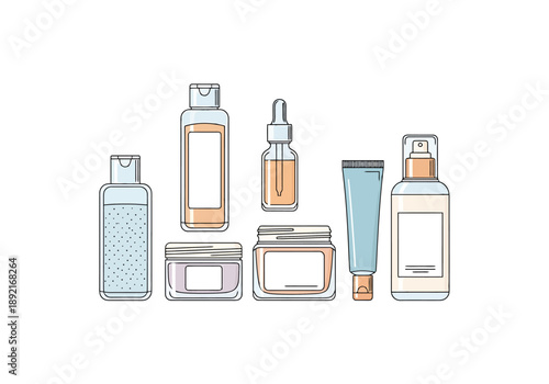 Collection of various personal care product containers displayed in a clean arrangement on a white background for beauty routine concepts