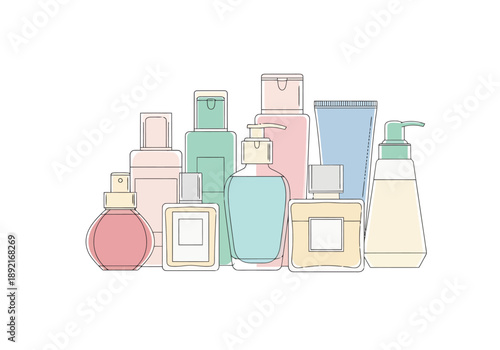 Collection of Various Skincare Bottles and Containers for Beauty Products and Cosmetics Assortment for Serums Lotions and Sprays