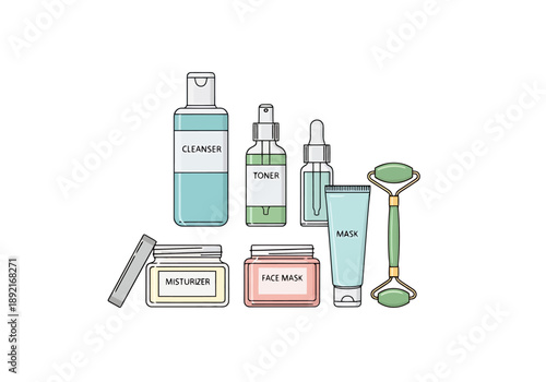 Collection of modern minimalist skincare products and beauty tools laid out for cosmetic routine preparation and self care